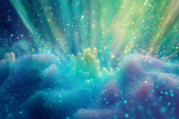 Obraz premium Ethereal underwater scene with vibrant colors and glowing particles illuminating coral-like formations
