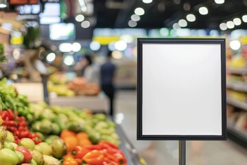 White empty sign standing in supermarket aisle with blurred background showing shelves and customers shopping for groceries, perfect for adding your own text or logo
