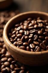 Fototapeta premium Row of coffee beans in a wooden basket, wood, natural