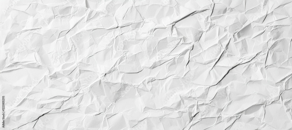 Poster crumpled white paper creates a textured, abstract background, filling the frame with intricate wrink