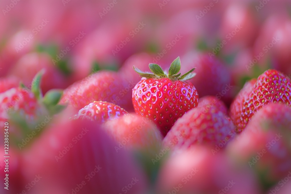 Poster many ripe strawberries are piled together, creating a vibrant display of red color and texture, with