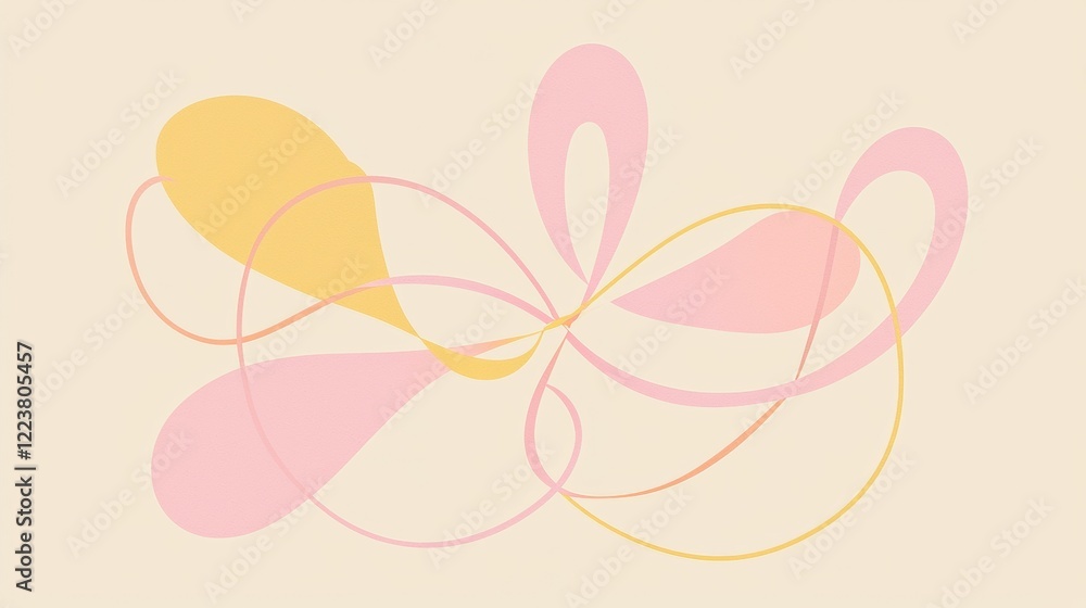 Poster abstract composition featuring intertwined pastel yellow and pink shapes on a light beige background