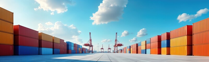 Fototapeta premium Large container yard under clear blue sky. Colorful shipping containers stacked neatly. Industrial port cranes visible in background. Commercial space with lot of cargo containers parked in sunny