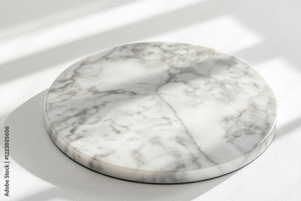 Poster round marble podium casting a shadow on a white surface with natural light streaming in from a nearb