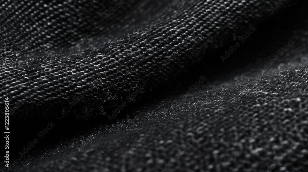 Poster close up of textured black fabric showcasing intricate weave patterns and softness. ideal for fashio