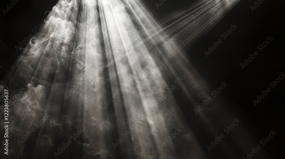 Poster mysterious light beams shine through smoke, creating ethereal atmosphere. interplay of light and sha