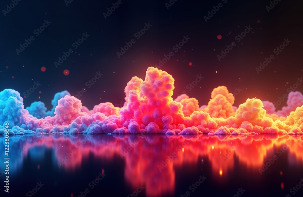 Poster Abstract vibrant cloud shapes in neon colors glow reflecting on dark surface. Colorful abstract tech design. Futuristic music concept. Dynamic shapes creating visual energy. Colorful elements combine