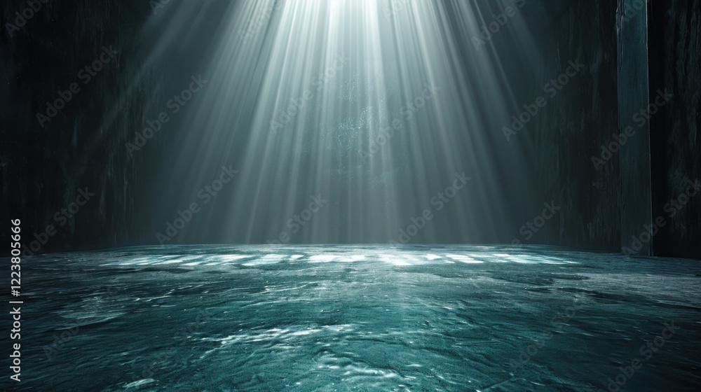 Poster serene, illuminated space with beams of light shining through dark environment, creating tranquil at