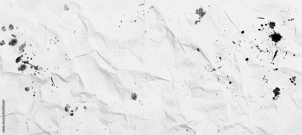Poster crumpled white paper texture displaying black ink splatters and chaotic scribbles, forming an abstra