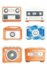 Collection of Vintage Audio Devices Featuring Retro Radios and Cassette Players on a White Background