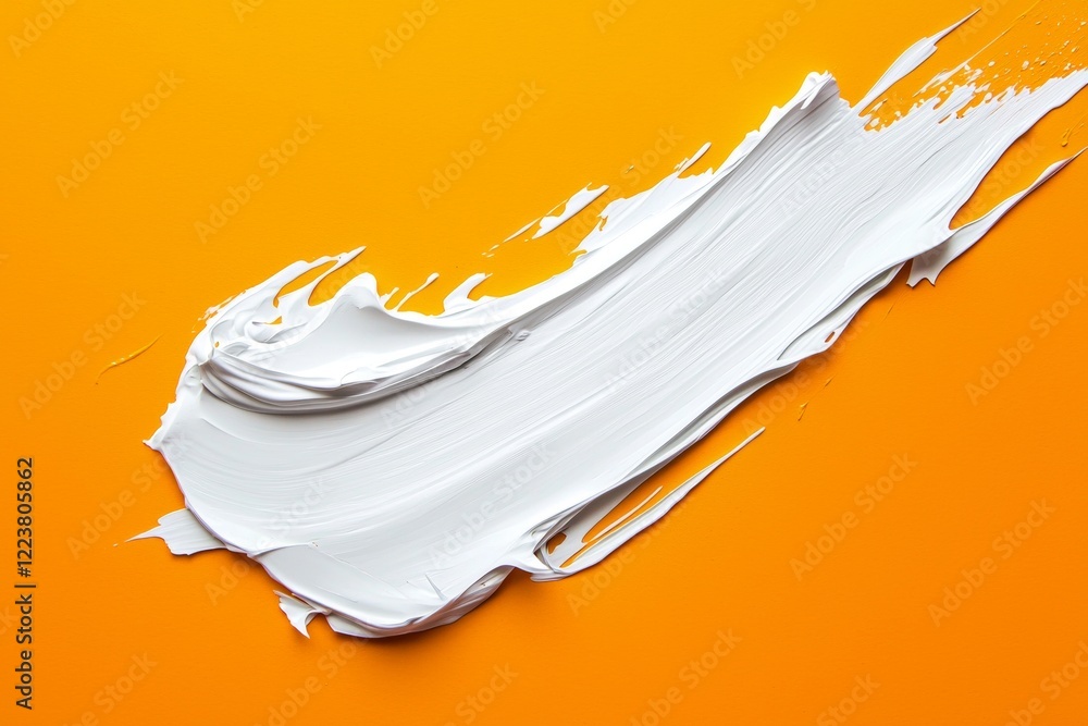 Poster thick white paint is dynamically brushed across a vibrant orange background, creating a striking vis