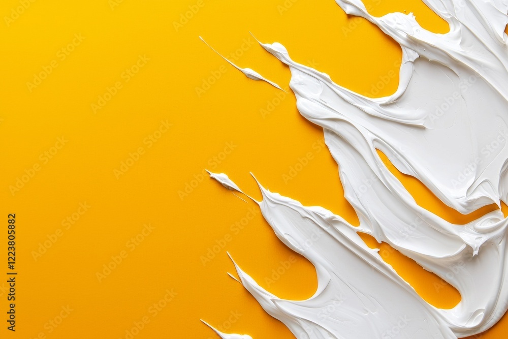 Poster dynamic splashes of white paint creating vivid patterns on a vibrant yellow background, delivering a