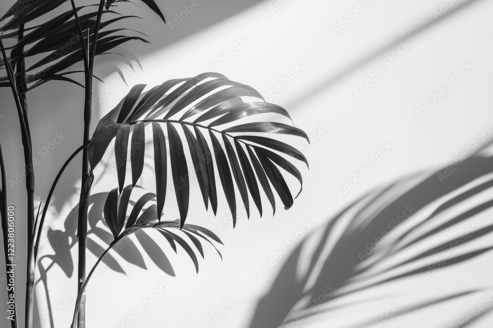 Poster sunlight illuminating palm tree leaves creating shadows on a white wall, providing a minimalist and 