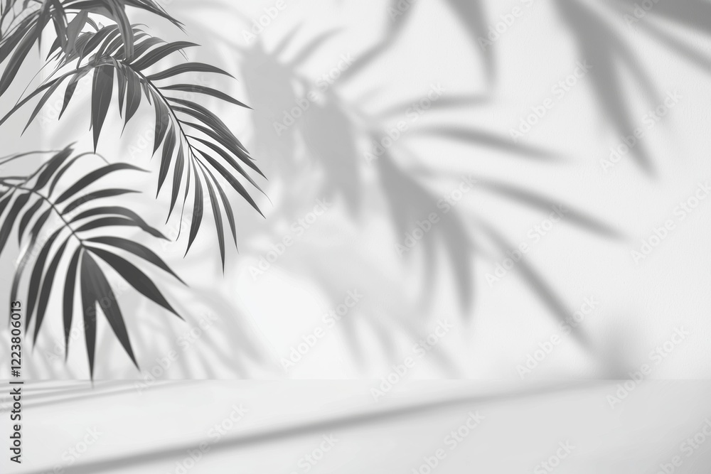 Poster elegant palm leaves create intricate shadows on a smooth white surface, evoking a serene and minimal