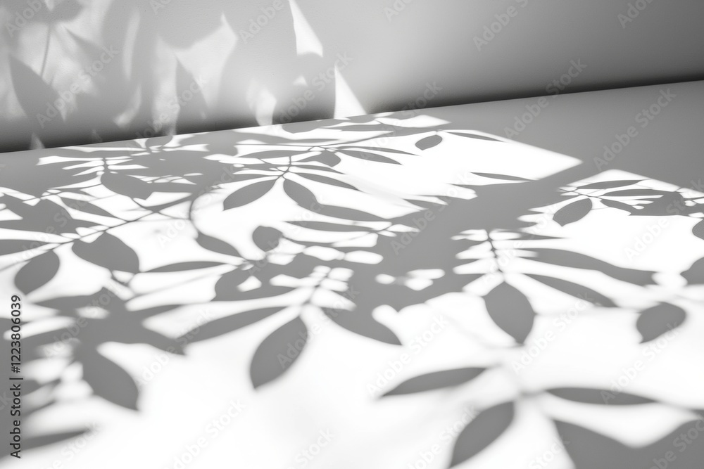 Aufkleber sunlight is creating shadows of leaves on a white surface and wall in a minimalist and elegant compo