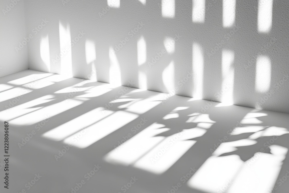 Poster sunlight streaming through window blinds is creating an abstract pattern of light and shadow on a wh