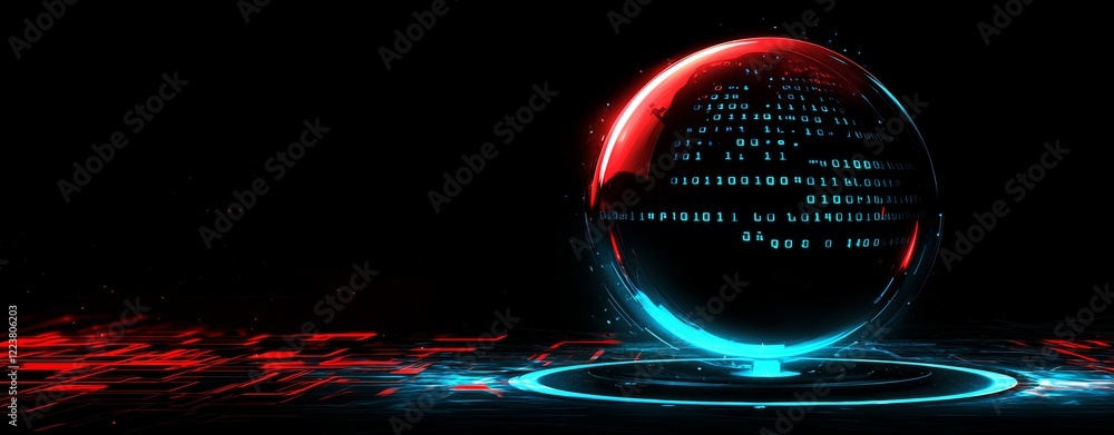 Poster futuristic earth globe is rotating and displaying digital binary code, suggesting global communicati