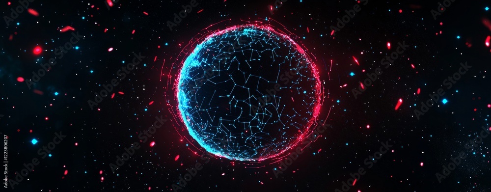 Poster rotating abstract plexus sphere floating in outer space, surrounded by vibrant red and blue particle
