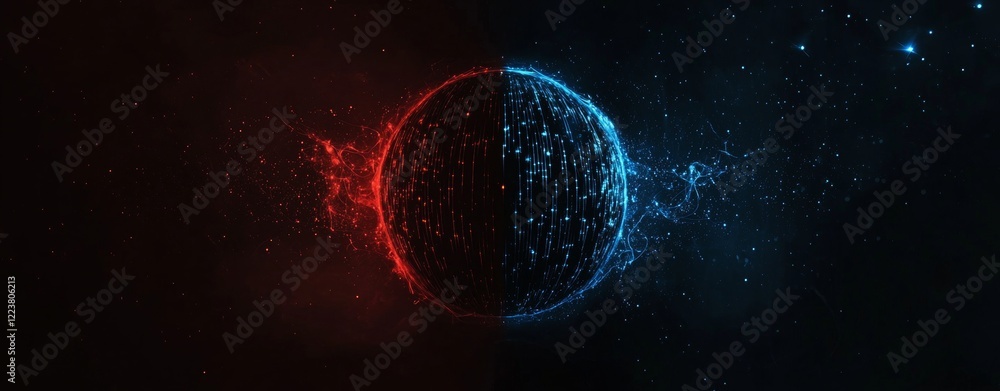 Poster abstract sphere is divided in two halves with red and blue particles flowing from its core, represen