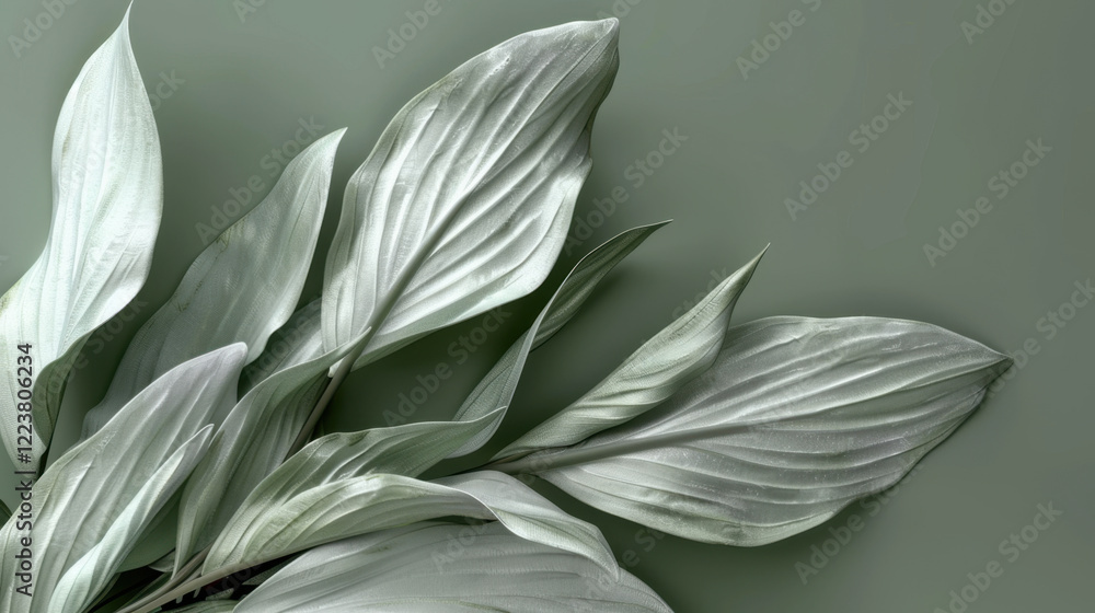 Poster lush green leaves with smooth texture against soft green background, creating serene and calming atm