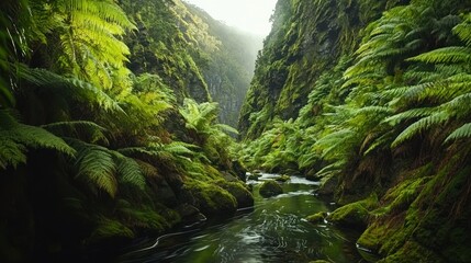 A serene mountain forest with a river flowing through the dense greenery."