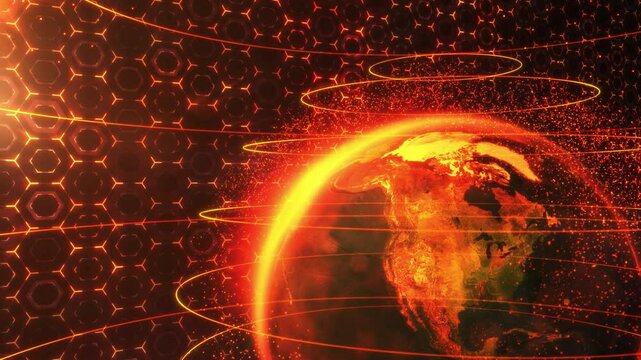 Planet Earth, enclosed in a virtual environment of abstract digital space
