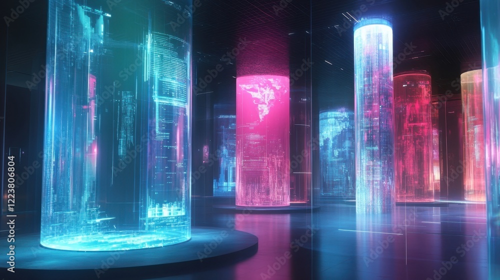 Poster holographic cylinders displaying digital code, world maps, and futuristic interfaces create an immer