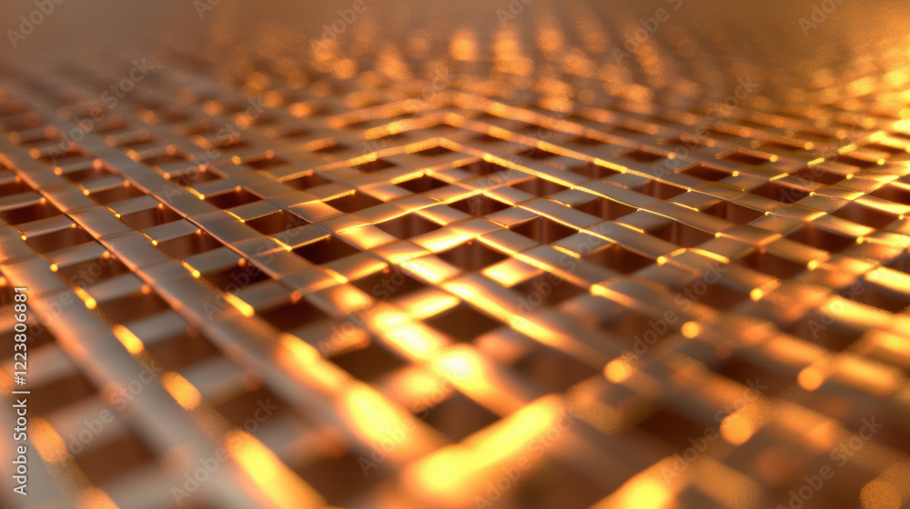 Poster close up view of metallic grid with warm golden tones, showcasing intricate patterns and reflections