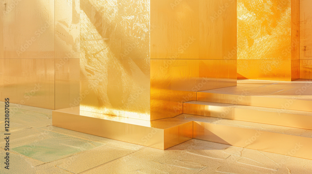 Poster golden architectural structure with reflective surfaces and steps, showcasing modern design and vibr