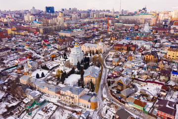 Aerial view of the Alekseevo-Akatov monastery and old residential quarters in winter in Voronezh,...