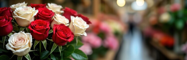 Closeup view of beautiful bouquet of red, white roses. Roses fresh, vibrant. Bouquet displayed in flower shop. Blurred background displays flowers, plants. Retail business setting shows professional