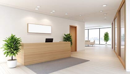 Modern office reception area with wooden desk, plants, and bright natural light streaming in (1)
