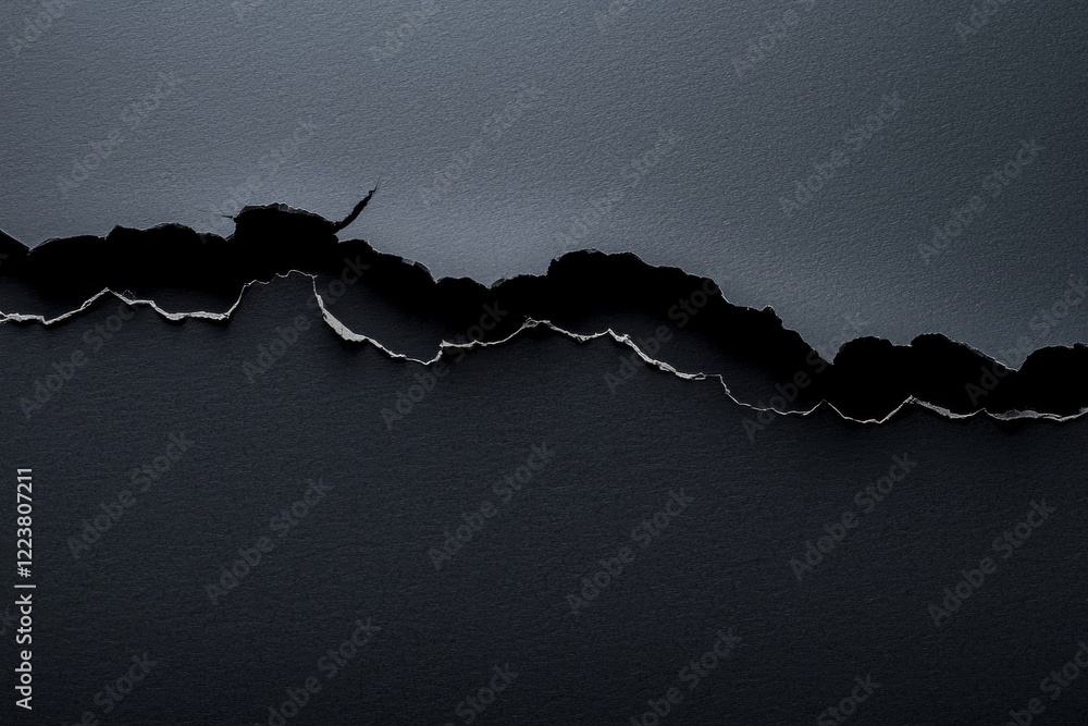 Poster torn black paper creates a jagged horizontal divide, revealing a dark void beneath, adding a dramati