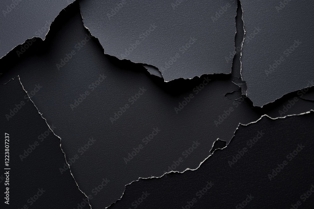 Poster pieces of torn black paper are layered, creating abstract shapes and revealing underlying layers, fo