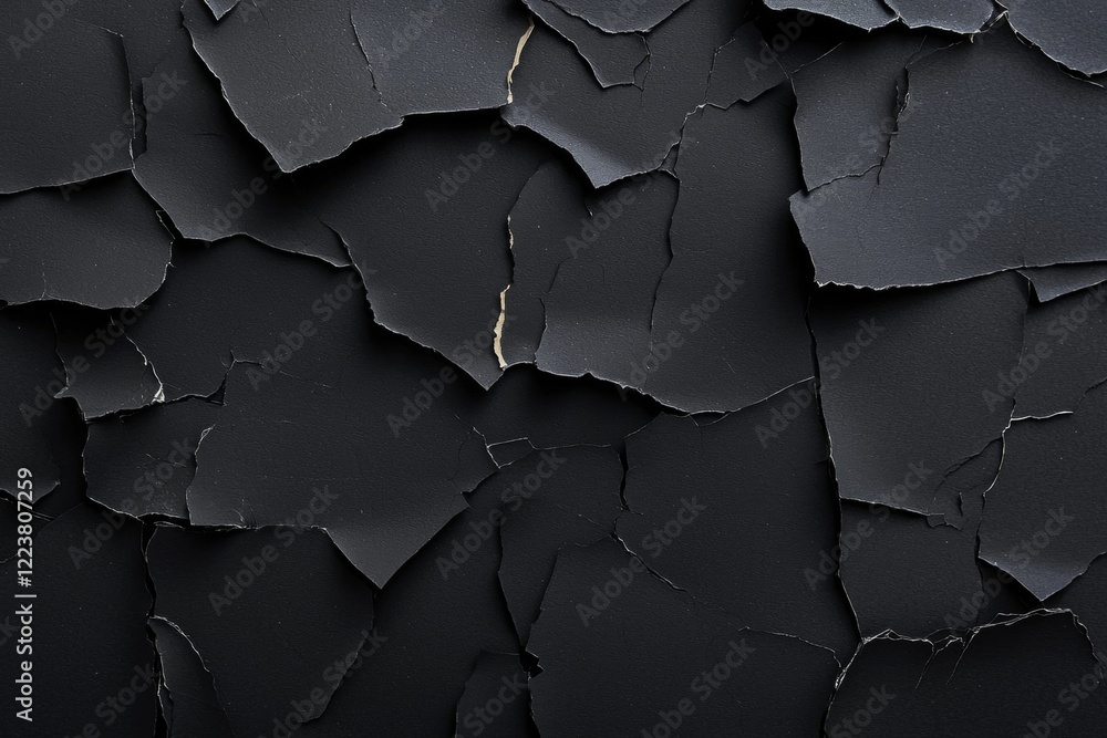 Poster close-up view of cracked black paint forming an abstract textured background, revealing underlying l