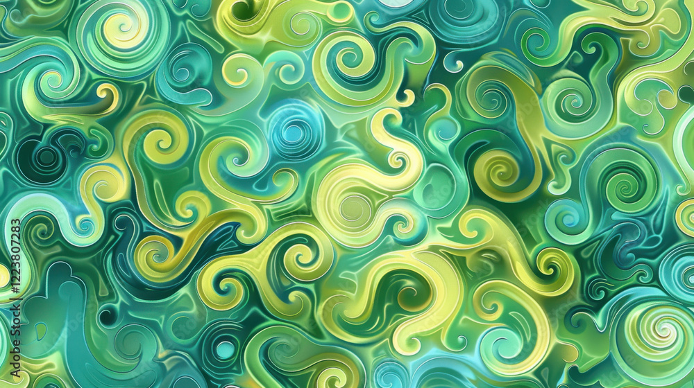 Poster colorful abstract swirl pattern with green and yellow tones, creating vibrant and dynamic visual eff