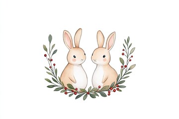 Two cute rabbits surrounded by greenery and red berries, creating a whimsical, cheerful atmosphere