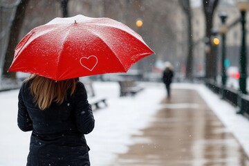 In a serene snowy park, a woman is seen from behind, holding a vibrant red umbrella adorned with a heart shape, creating a striking contrast against the cold backdrop.