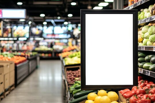 Vertical blank white screen display stands next to colorful fresh produce in grocery store aisles, providing space for advertisement and promotion