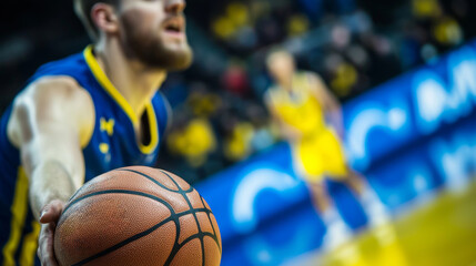 Professional basketball player gripping a ball during an intense championship game, showcasing determination and focus while surrounded by the electrifying atmosphere of the arena