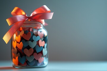 Obraz premium A charming glass jar filled with colorful heart-shaped paper cutouts, tied with a delicate pink and orange satin ribbon.