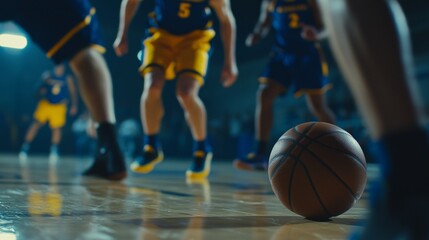 Professional basketball players running and competing during a basketball game showing sportsmanship, skill, and athleticism in a dynamic and exciting atmosphere