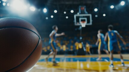 Professional basketball players competing in a game inside a large arena, with a close-up of the ball in the foreground and the action unfolding in the background