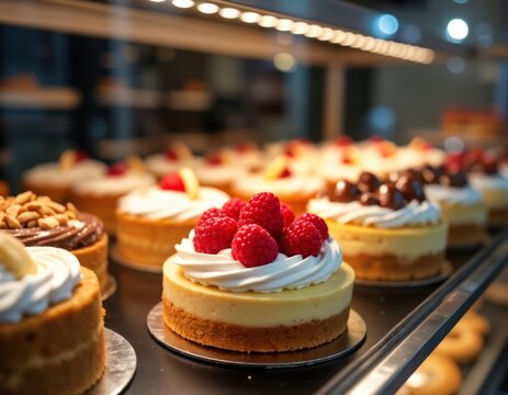 Delicious cakes displayed in pastry shop showcase. Various types of cakes visible. Freshly baked, decorated cakes. Bakery display. Desserts for sale. Sweet pastries. Colorful fruit decorations on top