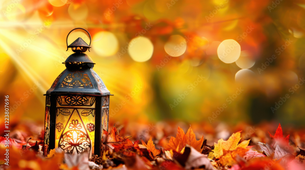 Poster decorative lantern surrounded by colorful autumn leaves, creating warm and inviting atmosphere. soft