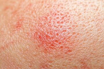 Fototapeta premium Close-up view of an allergic skin reaction causing redness, irritation, and inflammation, highlighting the texture and sensitivity of affected skin area