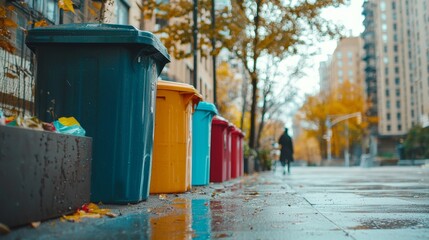 Naklejka premium Different colored trash bins standing on a wet sidewalk after the rain, with a blurry person walking in the background and autumn trees and buildings completing the urban scenery