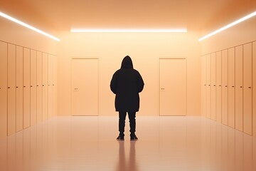 Fototapeta premium A solitary figure in a black hoodie stands in a minimalistic orange corridor with closed doors