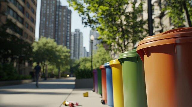 Vibrant recycling bins stand in a row along a city street, symbolizing waste management and environmental responsibility in an urban setting