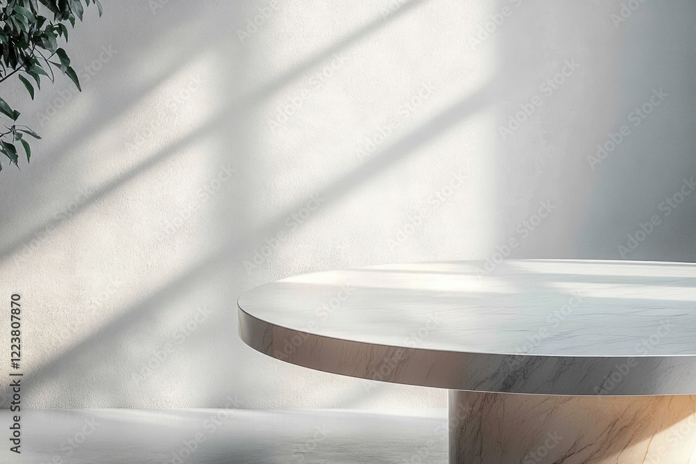 Poster minimalist round marble table with natural light and soft shadows for product display